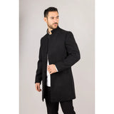 Men's Stand Collar Wool Blend Black Overcoat