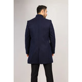 Men's Stand Collar Wool Blend Navy Overcoat
