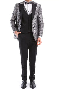 Mens Silver Floral Black Tuxedo Suit 3 Piece Wedding Prom Party Grooms Ceremony