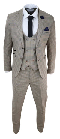 Mens Beige Navy Check Suit