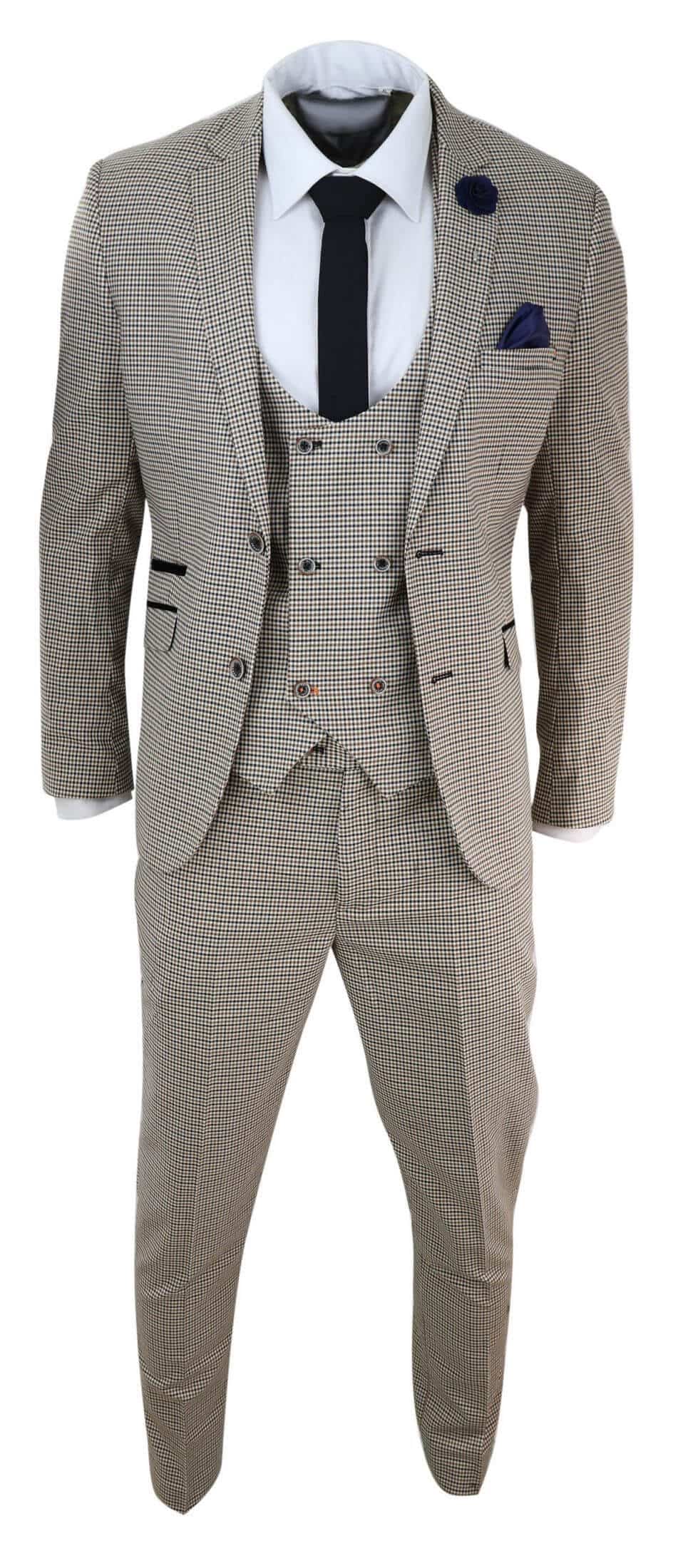 Mens Beige Navy Check Suit