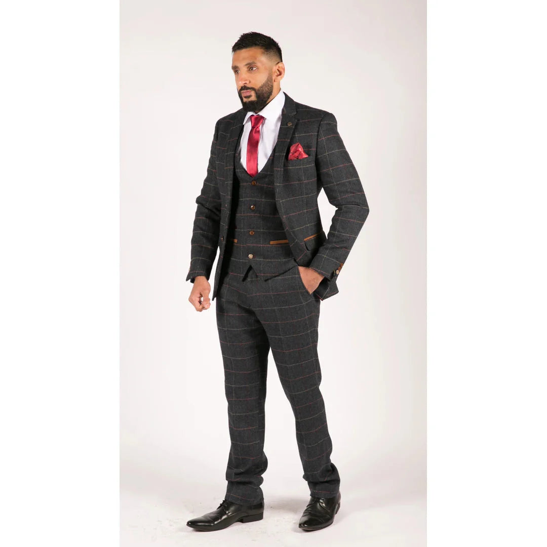 Męski granatowy tweed w jodełkę w kratkę w stylu vintage, 3-częściowy garnitur New Marc Darcy