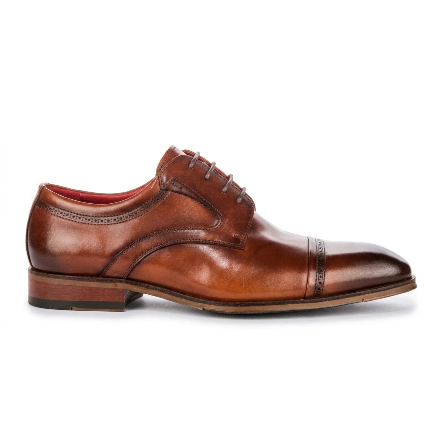 Everett - Brązowe, polerowane, skórzane, męskie buty typu derby z noskiem typu cap toe