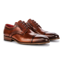 Everett - Brązowe, polerowane, skórzane, męskie buty typu derby z noskiem typu cap toe