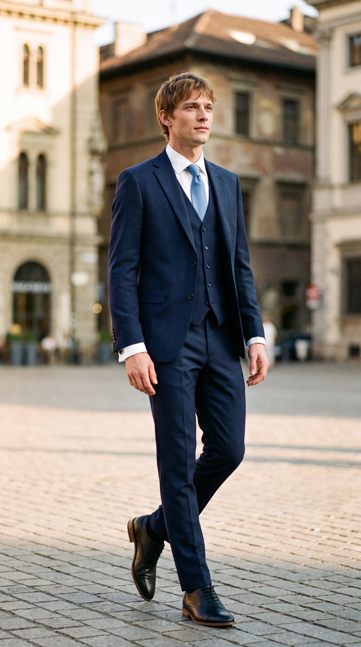 Look #822 styled with James - Granatowy męski garnitur wełniany 3-częściowy, dopasowany do sylwetki