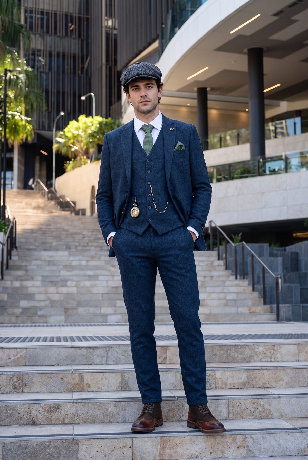 Look #385 styled with Męski granatowo-niebieski wełniany garnitur Peaky Blinders