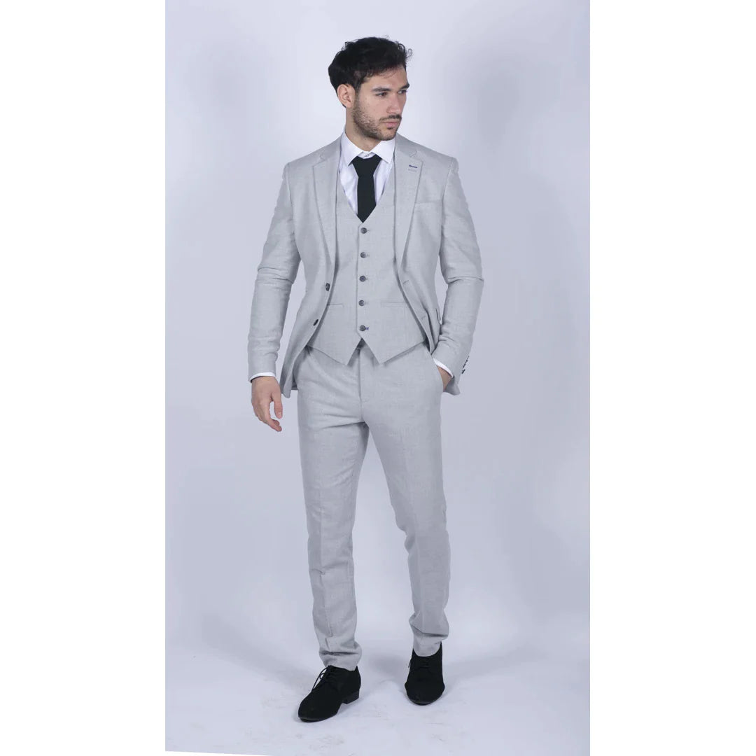 Mens Tweed Light Grey 3 Piece Suit Tailored Fit Classic Vintage 1920s Wedding