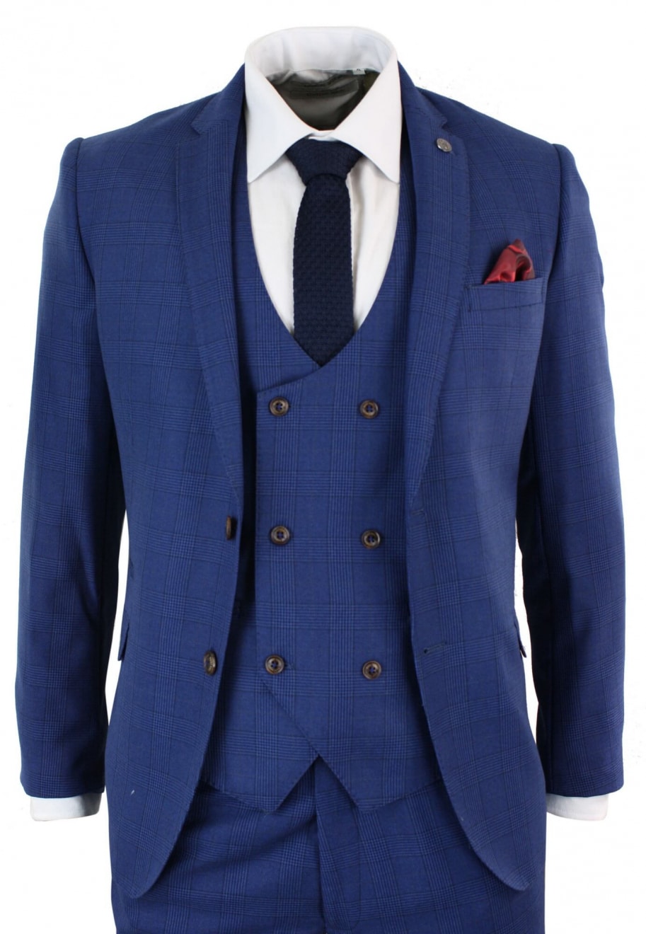 Mens Blue Check 3 Piece Slim Fit Suit