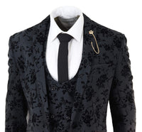 Mens Black 3 Piece Paisley Velvet Suit