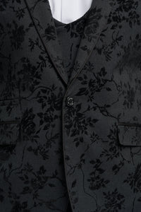 Czarny, trzyczęściowy garnitur męski z aksamitu w stylu paisley