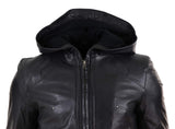 Mens Black Leather Bomber Jacket with Hood