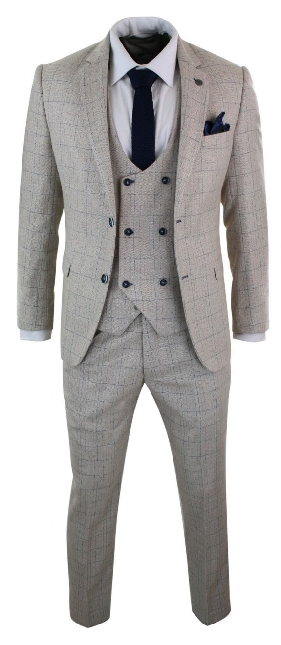 Men's 3 Piece Cream Blue-Check Suit