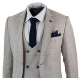 Men's 3 Piece Cream Blue-Check Suit