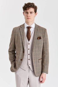 Garnitur Harris Brown Tweed z kontrastową kamizelką i spodniami z kamienia