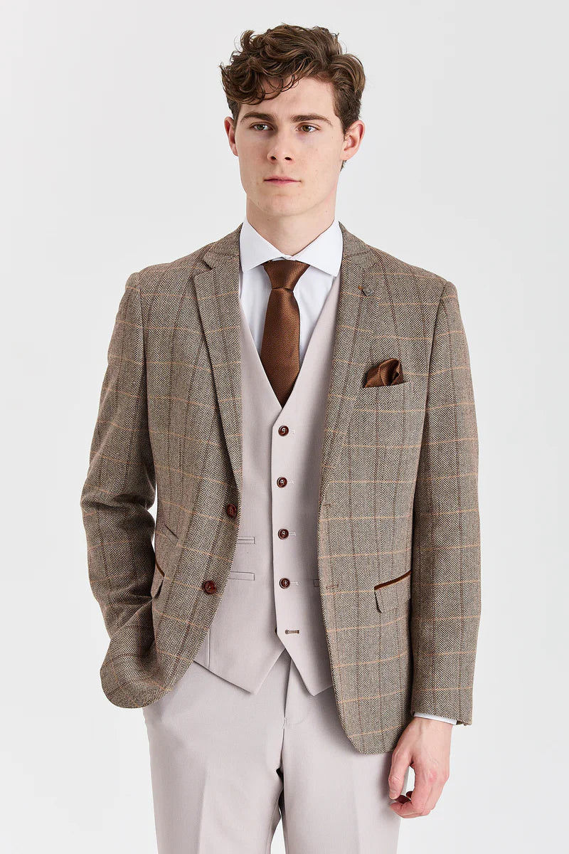 Garnitur Harris Brown Tweed z kontrastową kamizelką i spodniami z kamienia