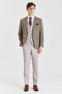 Garnitur Harris Brown Tweed z kontrastową kamizelką i spodniami z kamienia