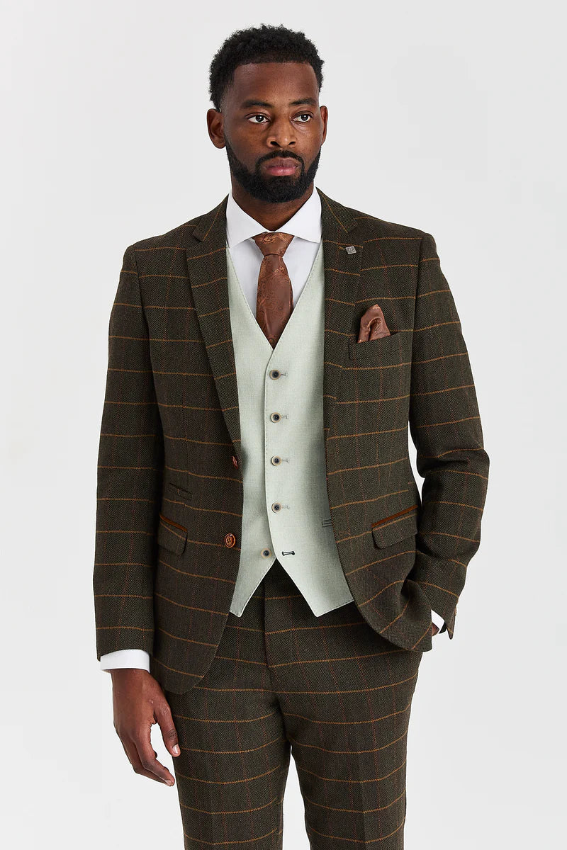 Garnitur Harris Green Check Tweed z kontrastową kamizelką Belmont Sage
