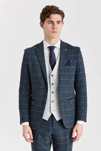 Garnitur Harris Navy Tweed z kontrastową kamizelką Belmont Silver