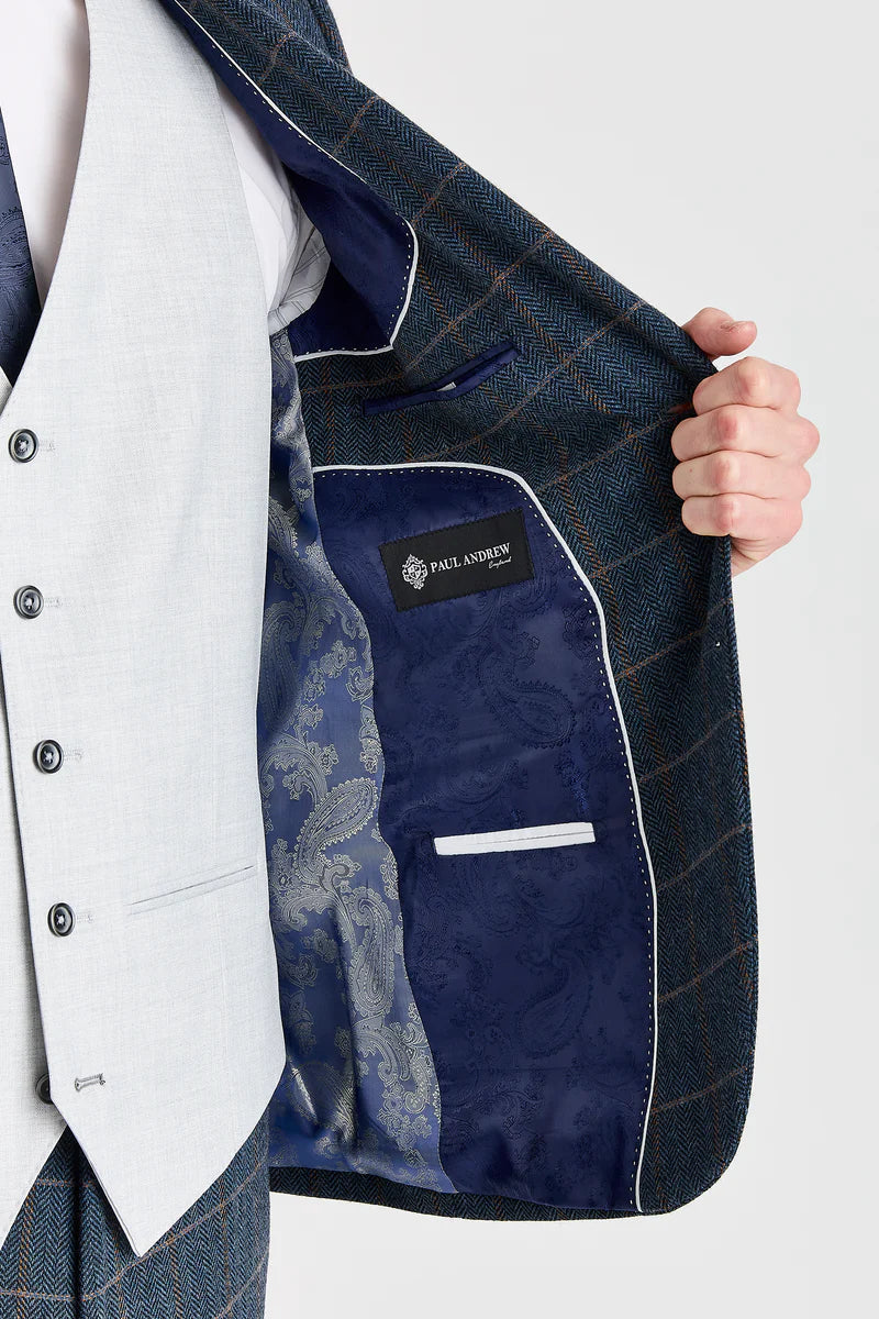 Garnitur Harris Navy Tweed z kontrastową kamizelką Belmont Silver
