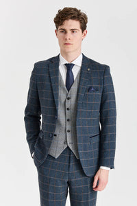 Garnitur Harris Navy Tweed z kontrastującą szarą kamizelką Harris