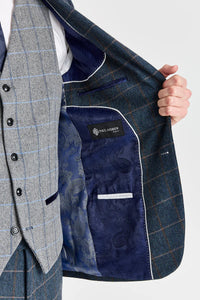 Garnitur Harris Navy Tweed z kontrastującą szarą kamizelką Harris