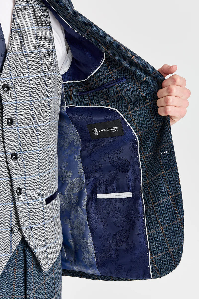 Garnitur Harris Navy Tweed z kontrastującą szarą kamizelką Harris