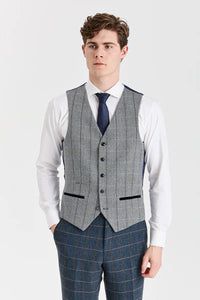 Garnitur Harris Navy Tweed z kontrastującą szarą kamizelką Harris