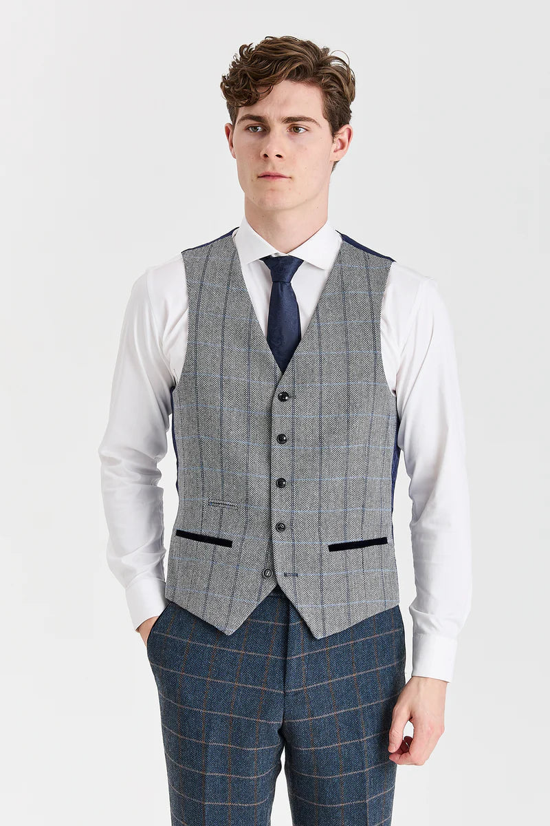 Garnitur Harris Navy Tweed z kontrastującą szarą kamizelką Harris