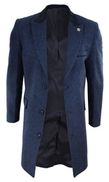 Herringbone Tweed 3/4 Long Overcoat-Navy