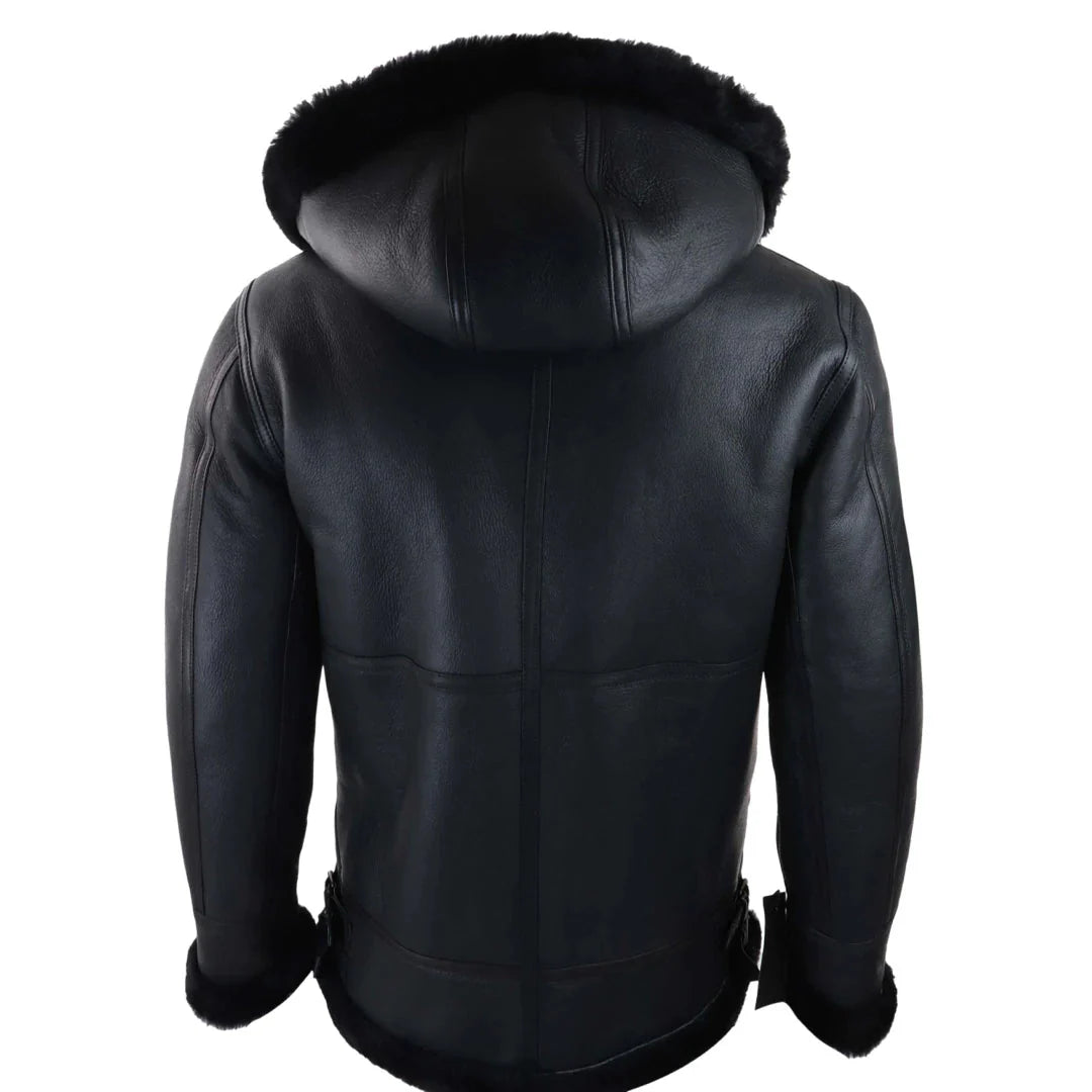 Men's Black Leather Sherling Sheepskin Hood Jacket Aviator Flying Pilot