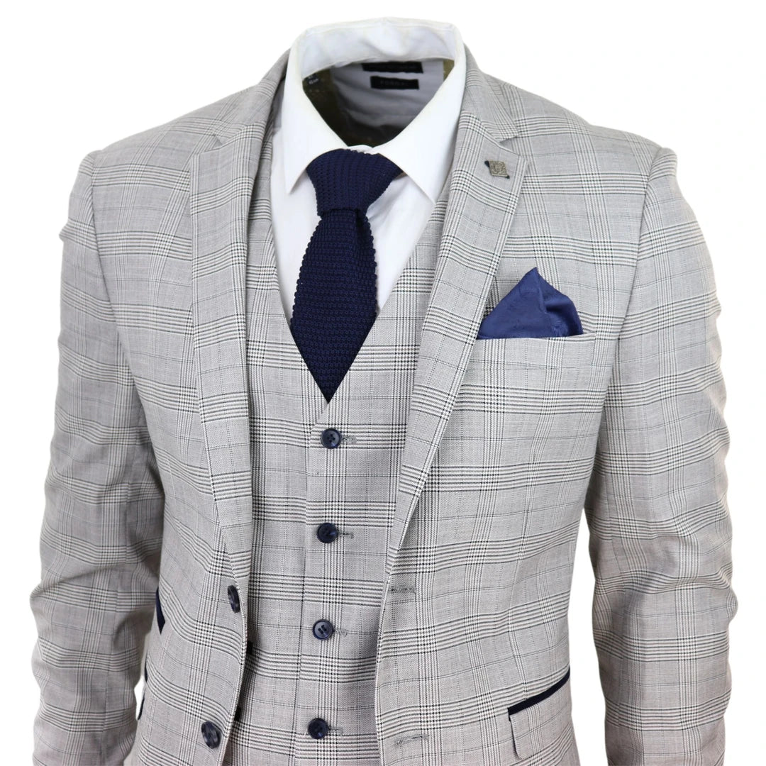 Hugo Men's Light Grey 3-Piece Suit with Navy Blue Check and Velvet Trims