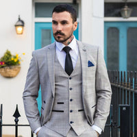 Hugo Men's Light Grey 3-Piece Suit with Navy Blue Check and Velvet Trims