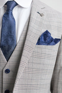 Garnitur męski Hugo w kolorze jasnoszarym, 3-częściowy, z granatową kratką i aksamitnymi wykończeniami