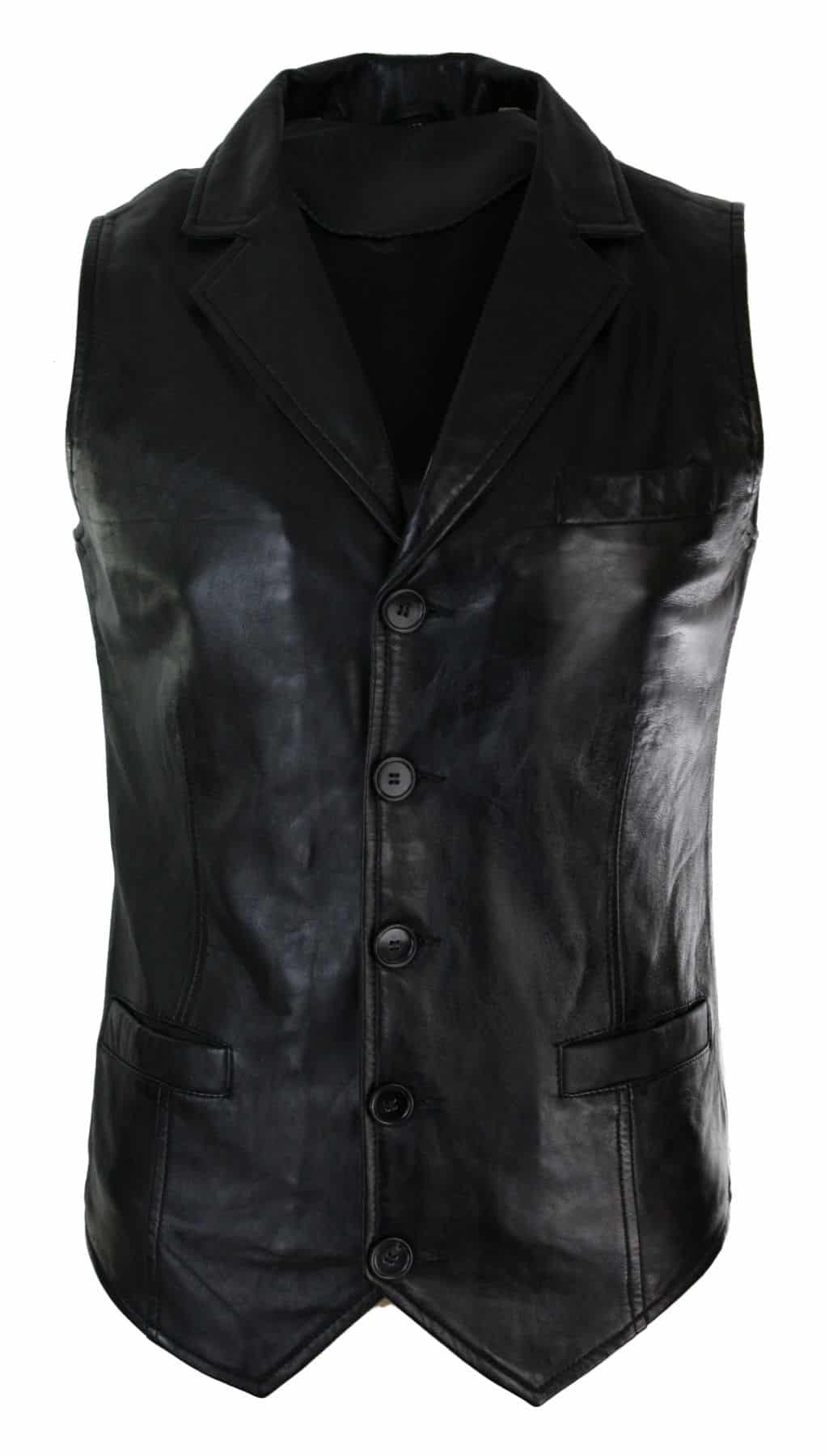 Mens Real Leather Tan Brown Black Smart Casual Gilet Waistcoat Vintage Retro-Black