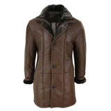 Men's 3/4 Duffle Jacket Sheepskin Long Button Zip Warm - Brown