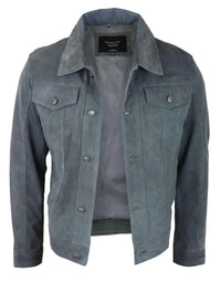 Mens Genuine Suede Jacket Leather Jeans Denim Short Mens Biker Classic Vintage Grey
