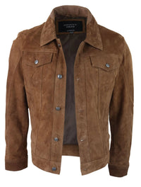 Mens Genuine Suede Jacket Leather Jeans Denim Short Mens Biker Classic Vintage Tan
