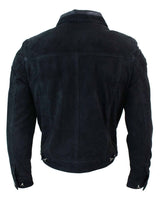 Real Suede Leather Mens Vintage Short Denim Style Retro Jean Jacket Casual - Black Color