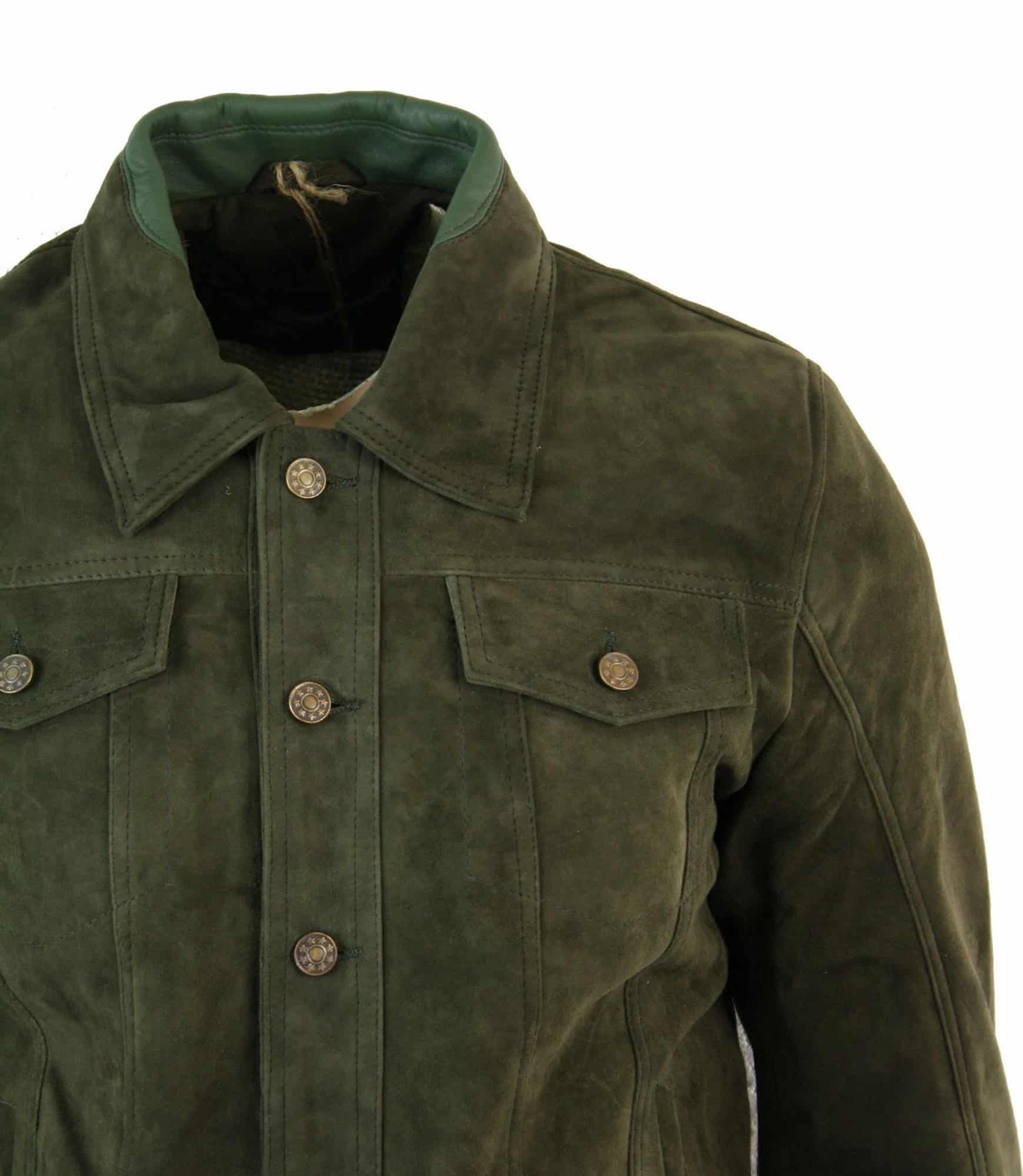 Real Suede Leather Mens Vintage Short Denim Style Retro Jean Jacket Casual - Olive Color
