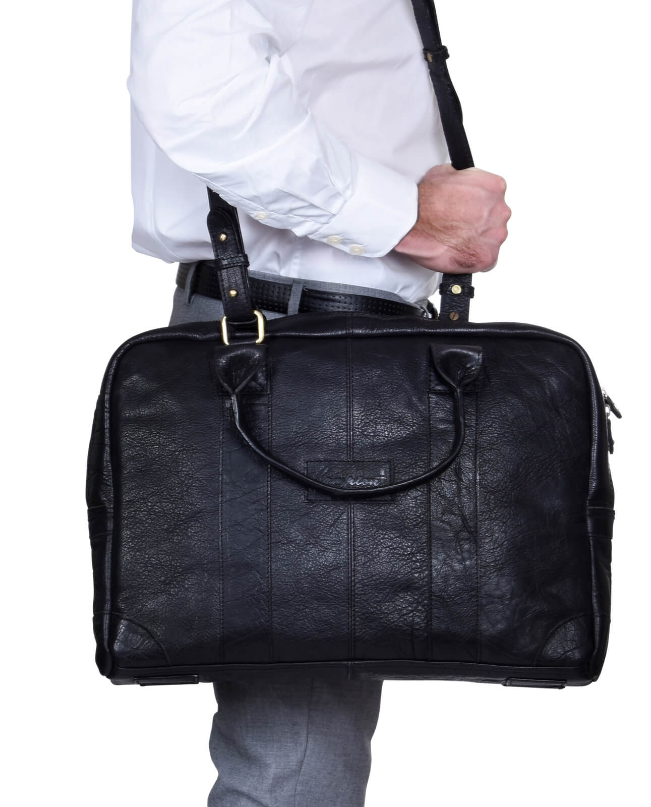 Real Leather Carry On Overnight Bag - Black