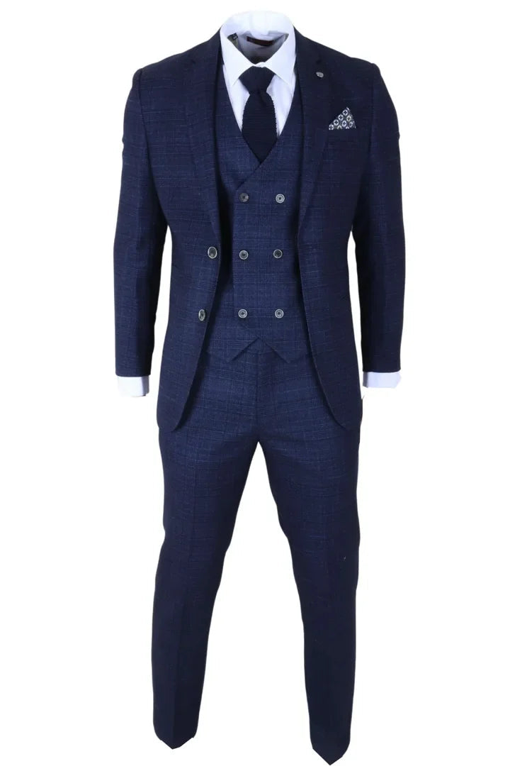 Luis - Męski garnitur w kratę w kolorze niebieskim, dopasowany do sylwetki, 3-częściowy