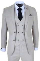 Beige checkered suit with white shirt and black tie on a white background