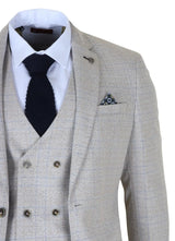 Luis - Męski garnitur w kratę w kolorze kremowym, dopasowany do sylwetki, 3-częściowy