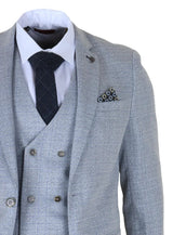 Luis - Męski garnitur w kratę w kolorze jasnoniebieskim, dopasowany, 3-częściowy