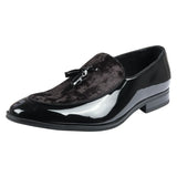 Men's Slip On Tassel Velvet Detailed Patent Black Loafers