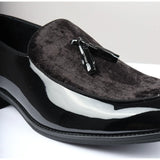 Men's Slip On Tassel Velvet Detailed Patent Black Loafers