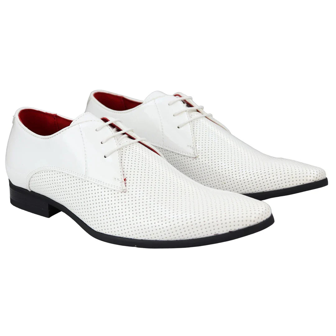 Mens Shoes Smart Formal Perforated Pointed Laced White Patent Leather PU