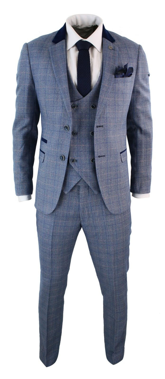 Mens 3 Piece Blue Check Suit - Marc Darcy Hilton