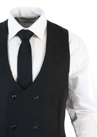 Mens Double Breasted Felt Tweed Vintage Retro Classic Waistcoat Slim Fit Herringbone-Melton DBC Black