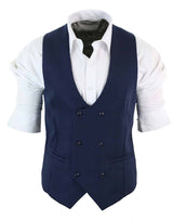 Mens Double Breasted Felt Tweed Vintage Retro Classic Waistcoat Slim Fit Herringbone-Melton DBC Blue